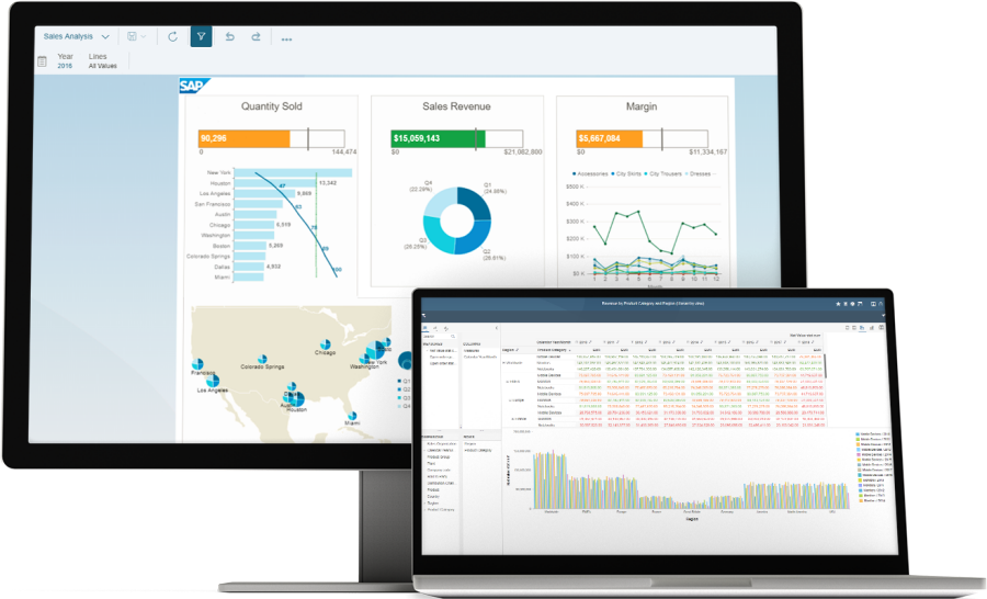 SAP BusinessObjects Business Intelligence Suite: Screenshots of the SAP BusinessObjects Business Intelligence suite being used by a company to support growth with a single, centralised platform for reporting and visualisation